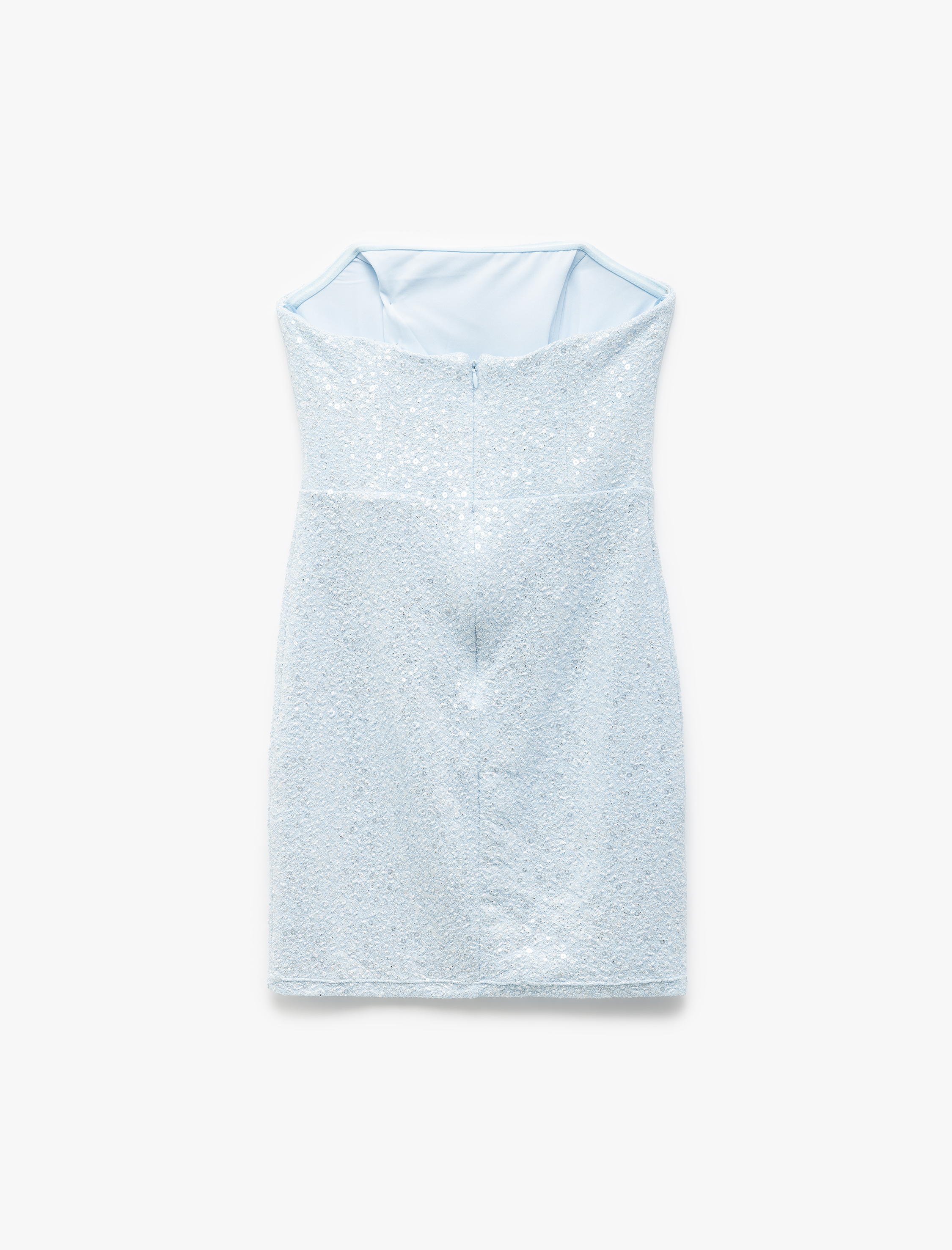   Straplez Yaka Dikiş Detaylı Mini Bodycon Pullu Elbise