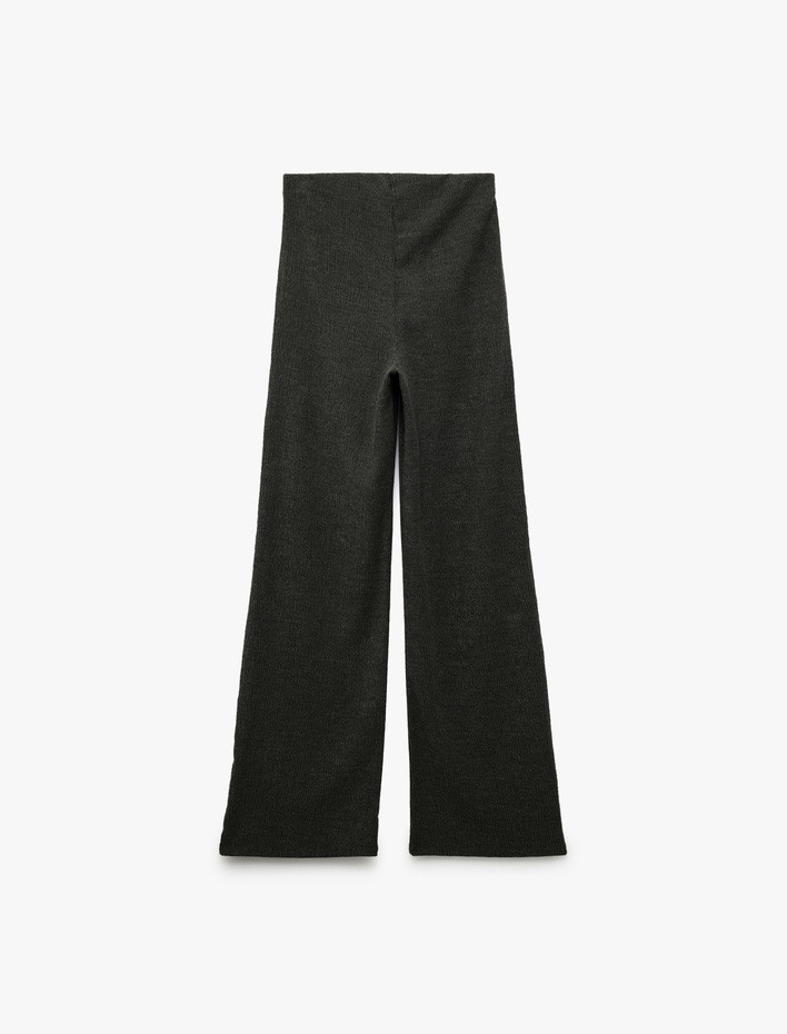  Slim Fit Dokulu Yüksek Bel Bol Paça Pantolon