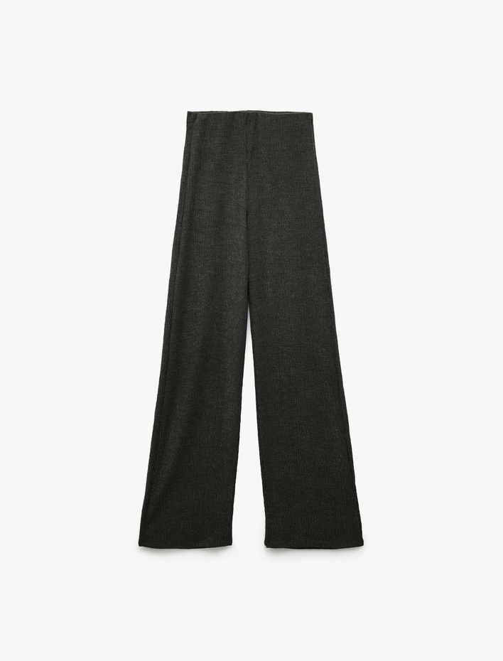  Slim Fit Dokulu Yüksek Bel Bol Paça Pantolon