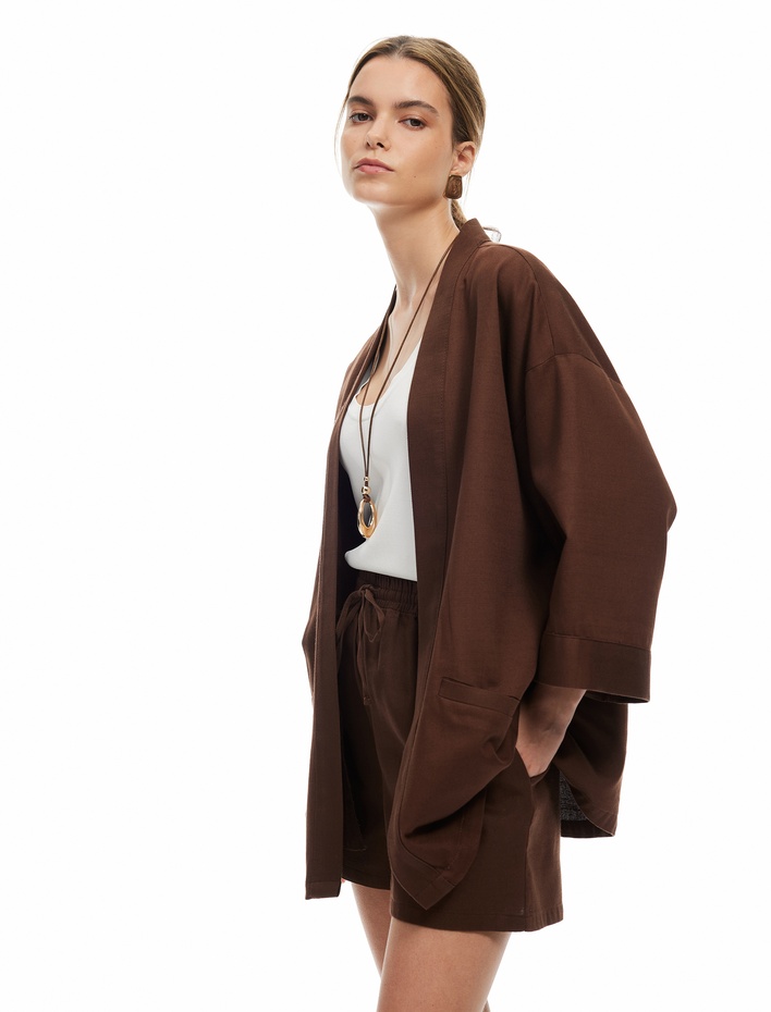  Pamuklu Cepli 3/4 Geniş Kol Oversize Kimono
