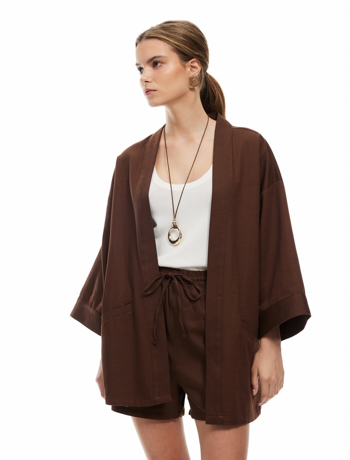  Pamuklu Cepli 3/4 Geniş Kol Oversize Kimono