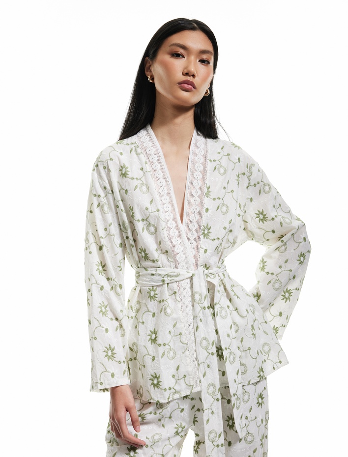  Pamuklu Floral İşlemeli Fisto Kruvaze Oversize Kimono Ceket