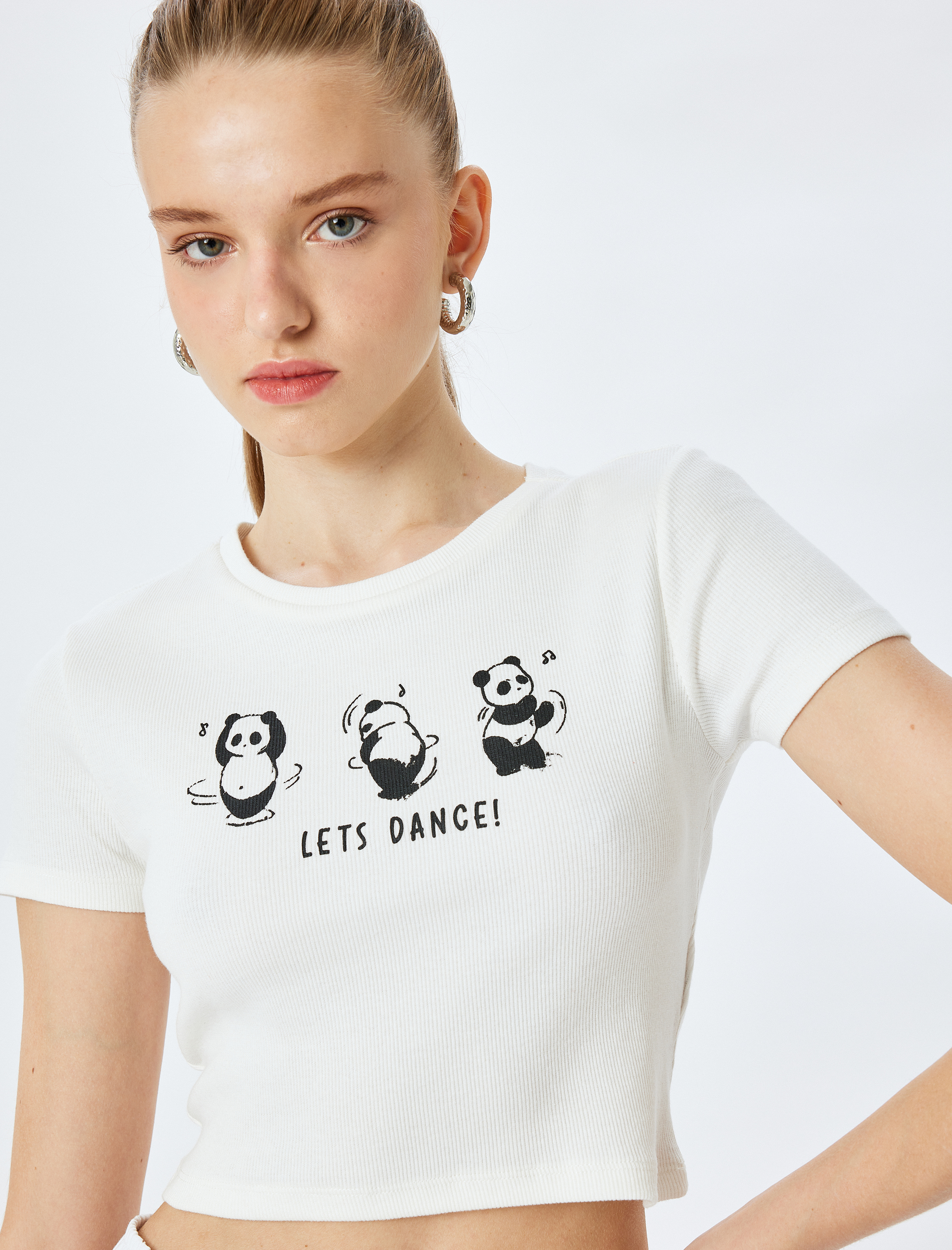   Panda Baskılı Kısa Kollu Slim Fit Crop Tişört