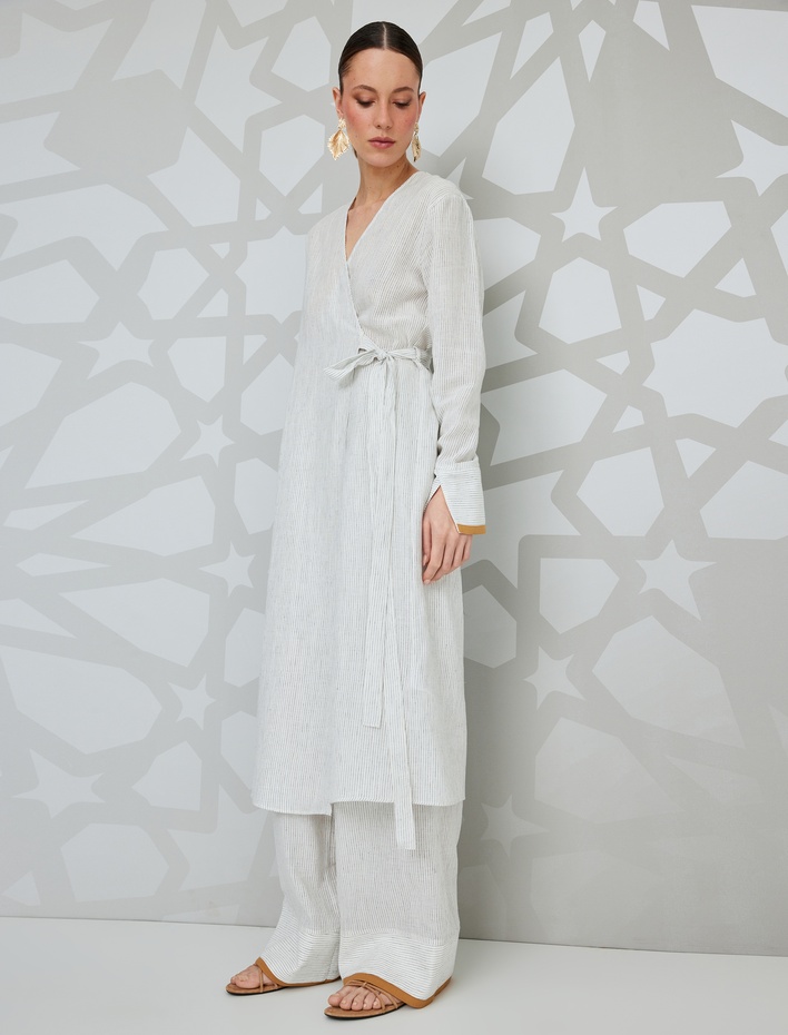  Uzun Kollu Pamuklu Keten Kruvaze Uzun Kimono
