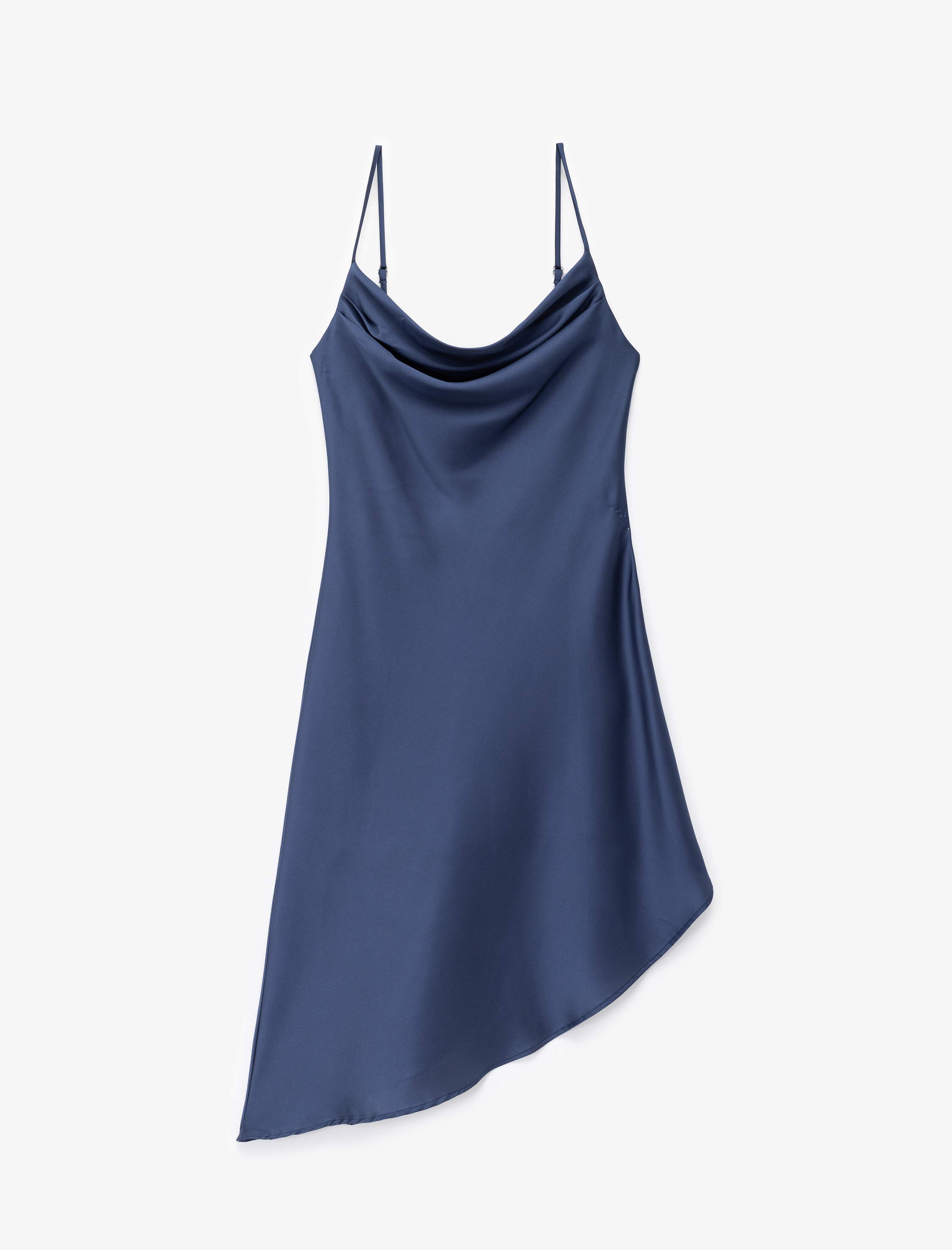   İp Askılı Degaje Yaka Asimetrik Midi Slip Saten Elbise