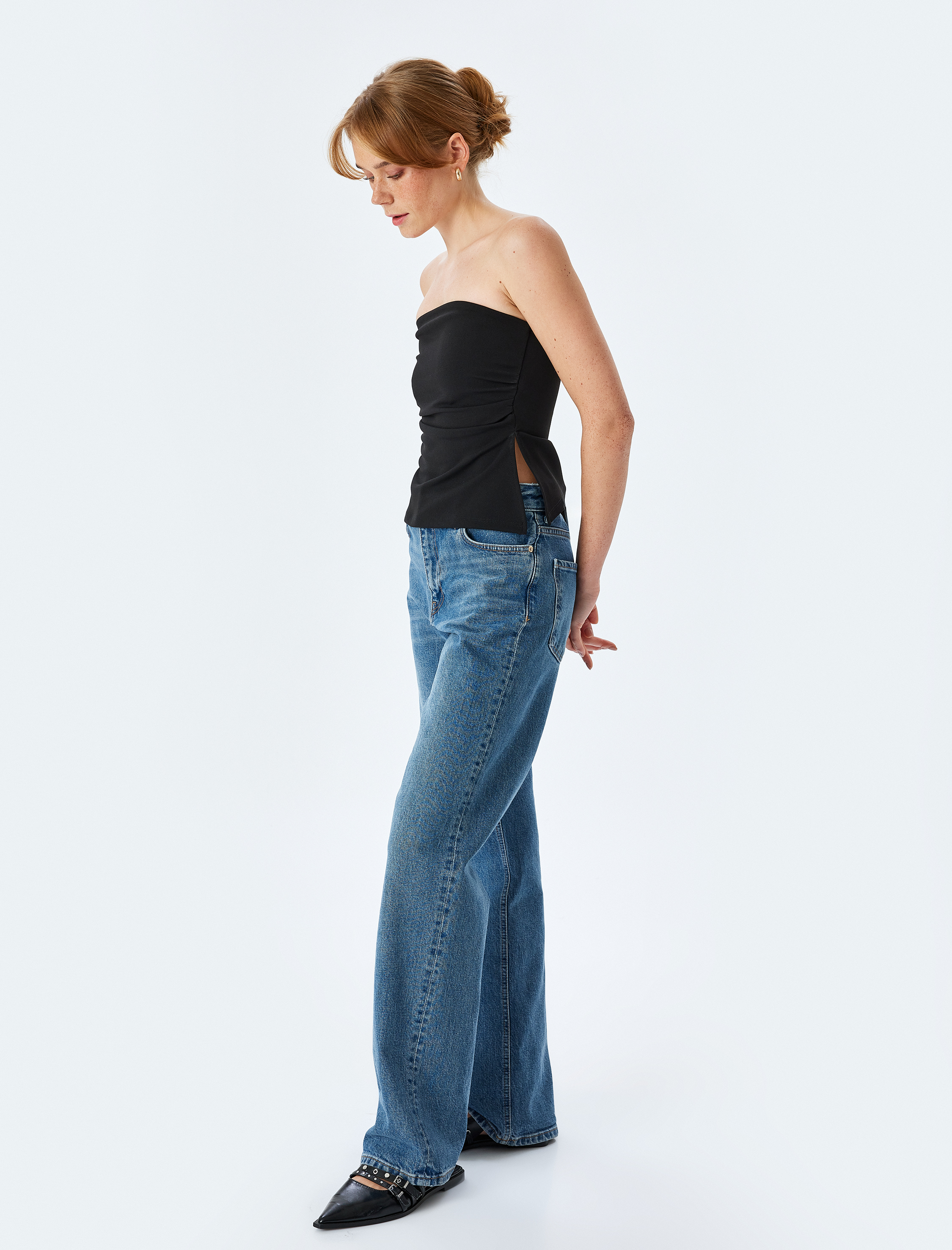   Krep Scuba Kumaş Drape Detaylı Asimetrik Straplez Body