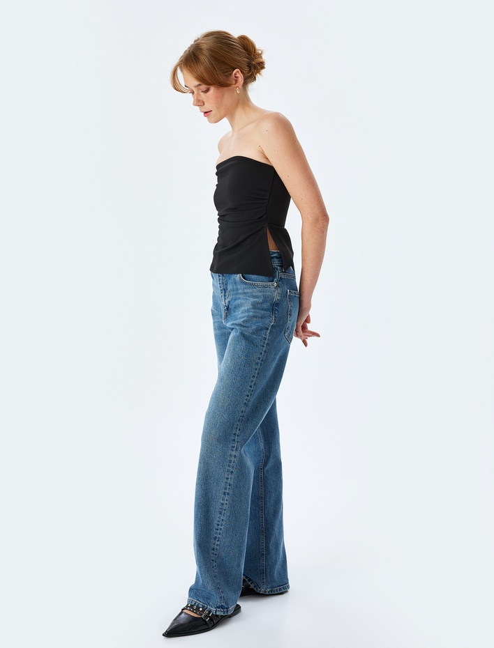 Krep Scuba Kumaş Drape Detaylı Asimetrik Straplez Body