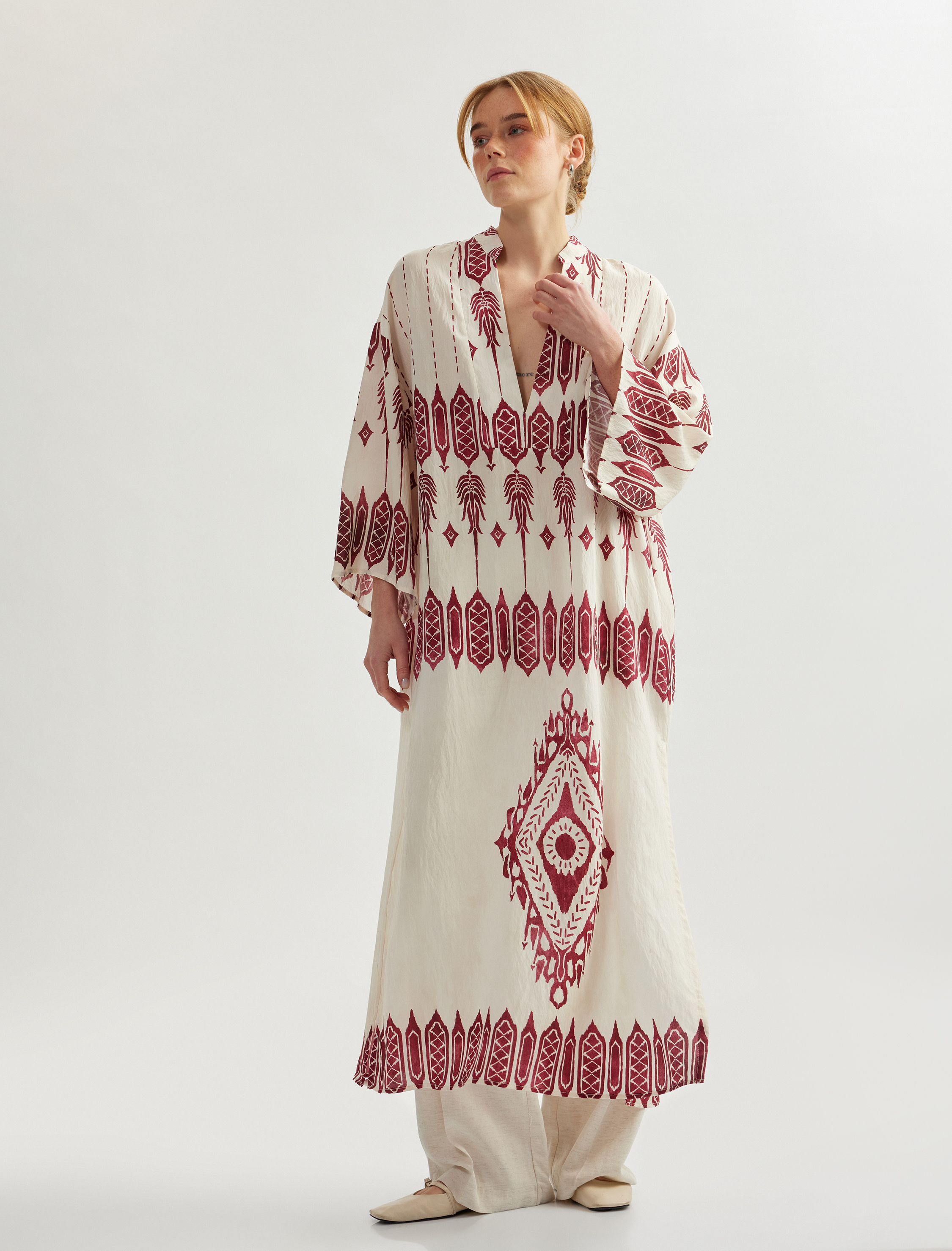   Kimono Kol Mandarin Yaka Etnik Desenli Uzun Viskon Elbise