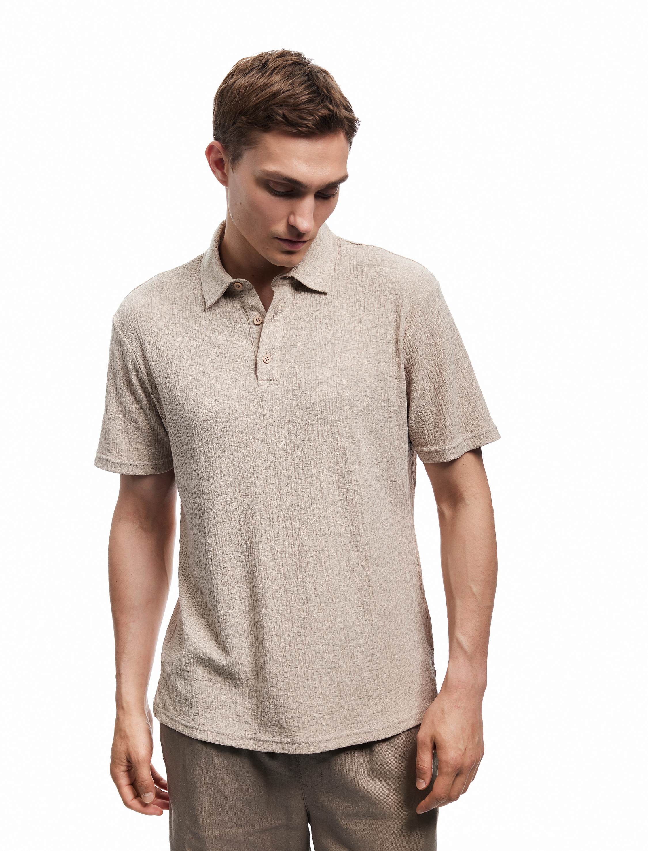   Kısa Kollu Pamuk Karışımlı Regular Fit Dokulu Polo Yaka Tişört