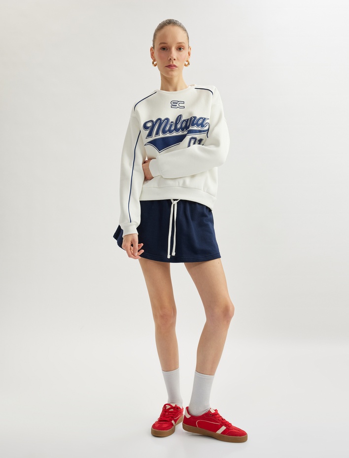  Şardonlu Kolej Baskılı Bisiklet Yaka Uzun Kollu Oversize Sweatshirt