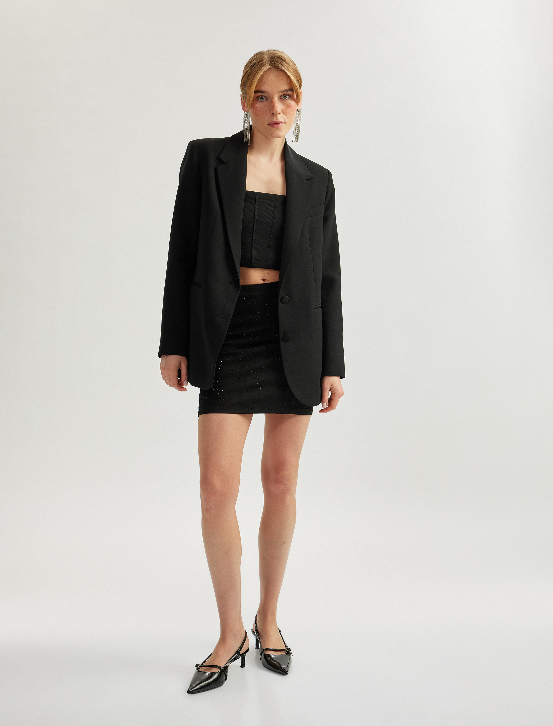   Yüksek Bel Slim Fit Taş Detaylı Mini Abiye Etek