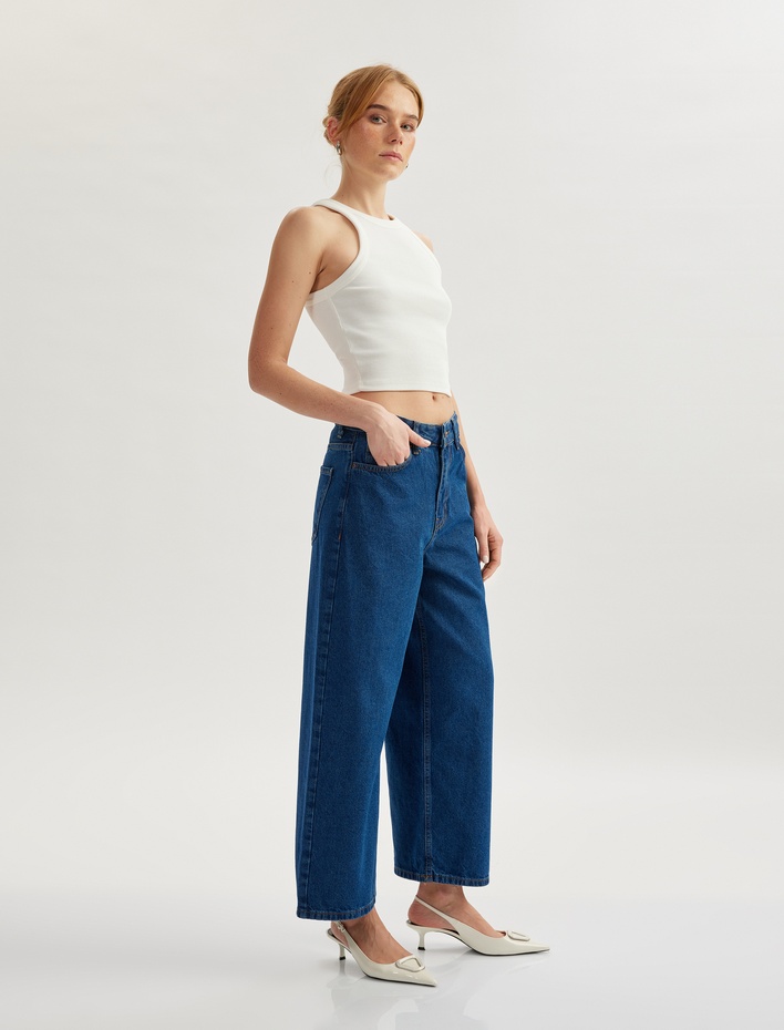  Yüksek Bel Düğmeli Cepli Kısa Geniş Paça Denim Pantolon -  Crop Wide Leg Jeans