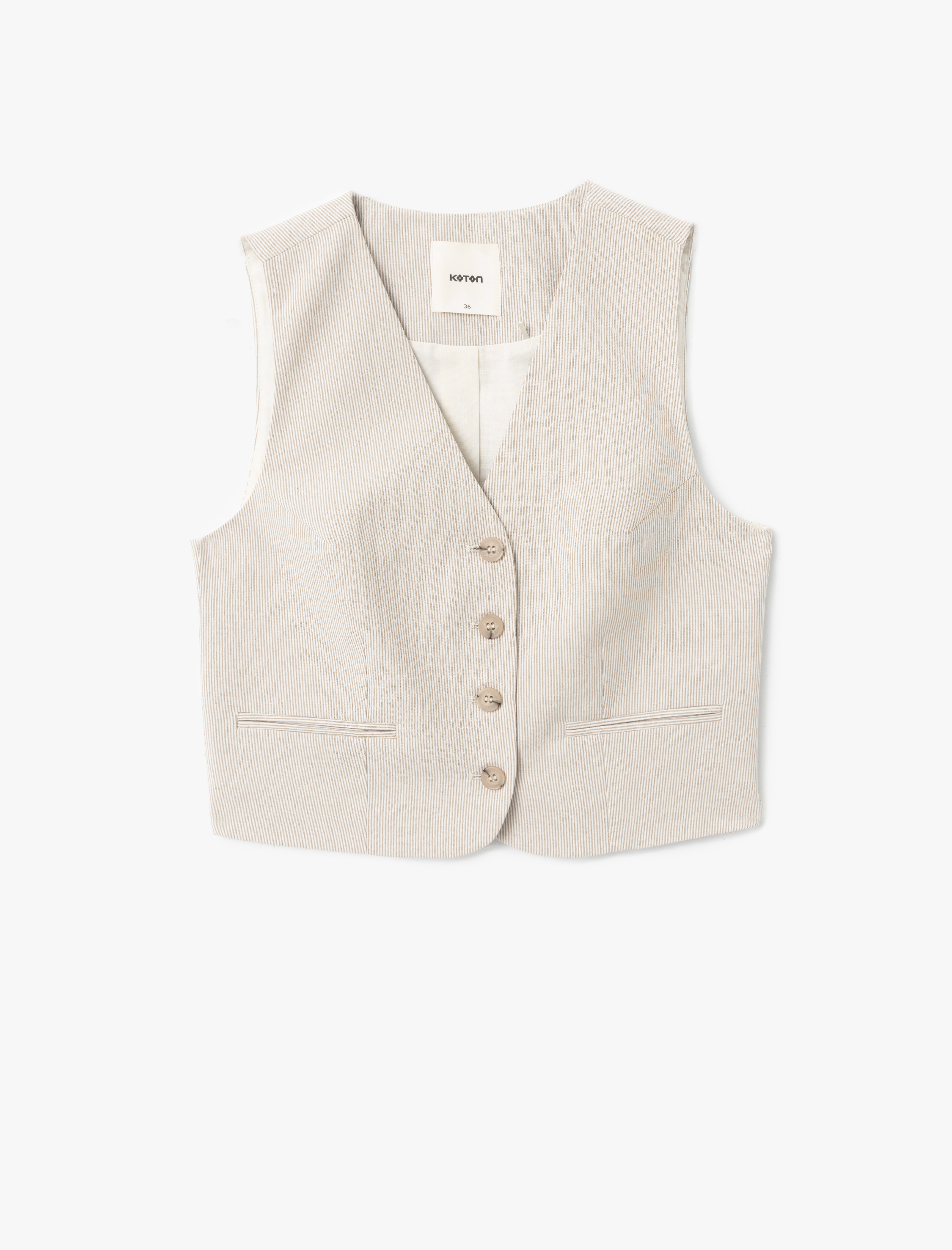   V Yaka Düğmeli Çizgili Blazer Yelek