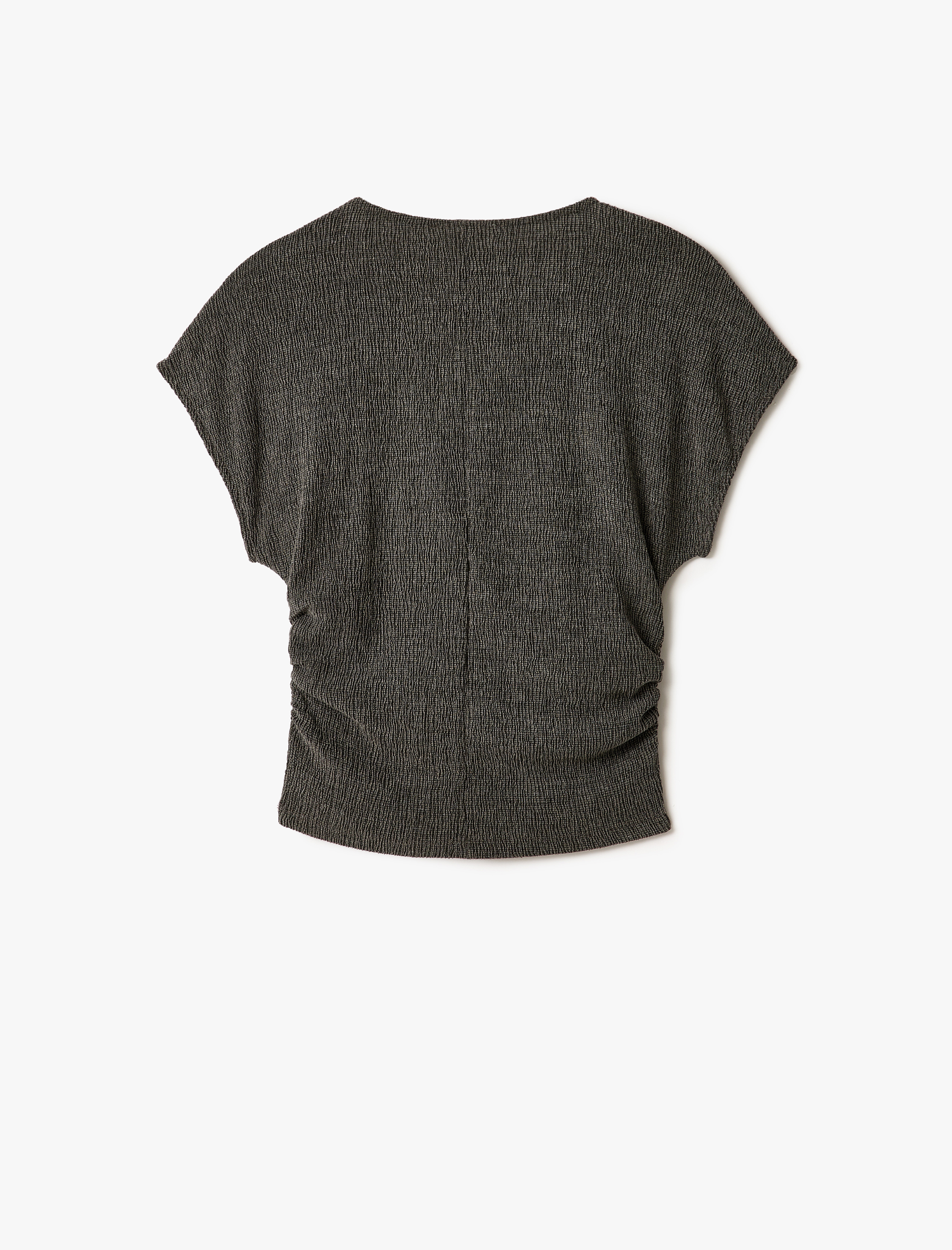   Drape Detaylı Kısa Yarasa Kollu Bisiklet Yaka Slim Fit Dokulu Tişört