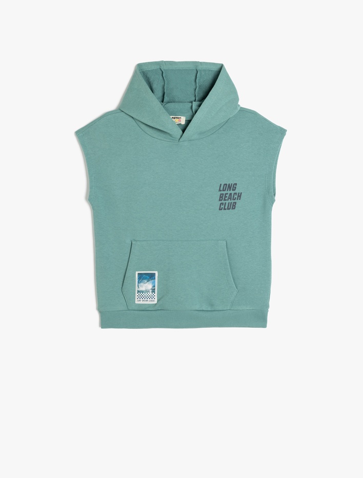 Erkek Çocuk Kolsuz Oversize Baskı Detaylı Kanguru Cepli Kapşonlu Sweatshirt