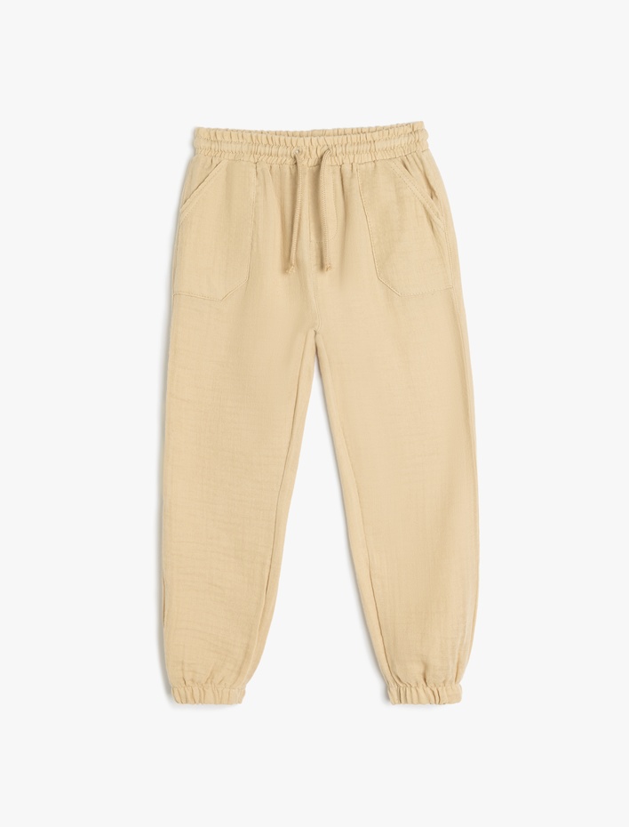 Erkek Bebek Pamuklu Beli Bağcıklı Cepli Basic Müslin Jogger Pantolon