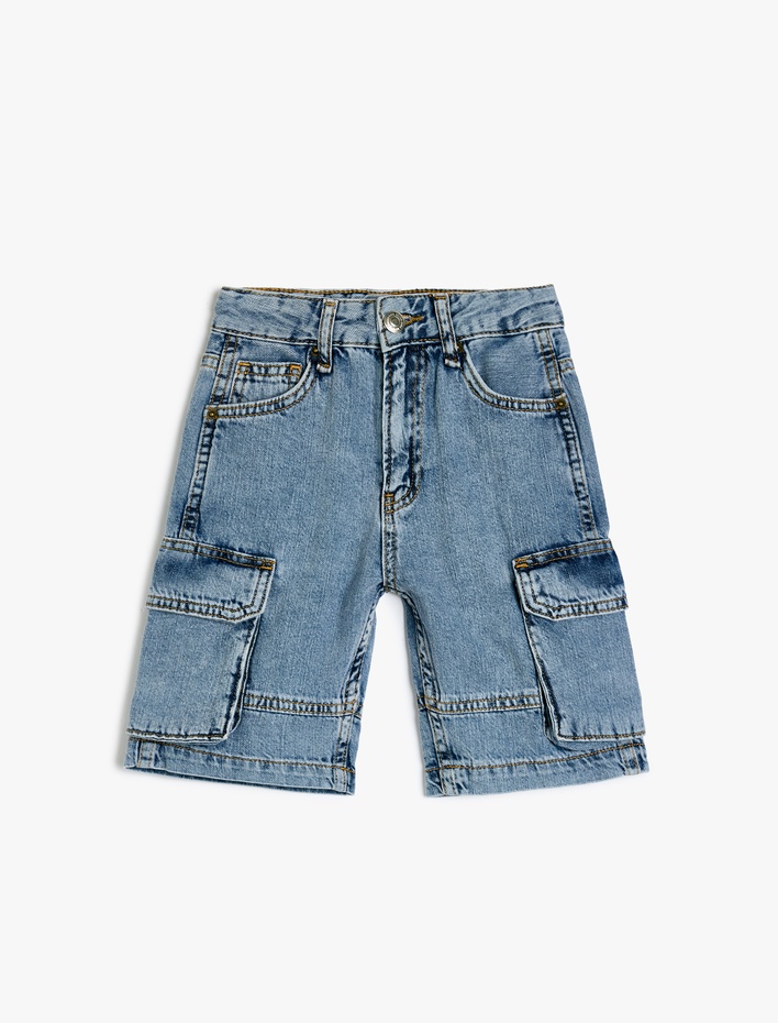 Erkek Çocuk Kapaklı Cep Detaylı Pamuklu Oversize Denim Şort