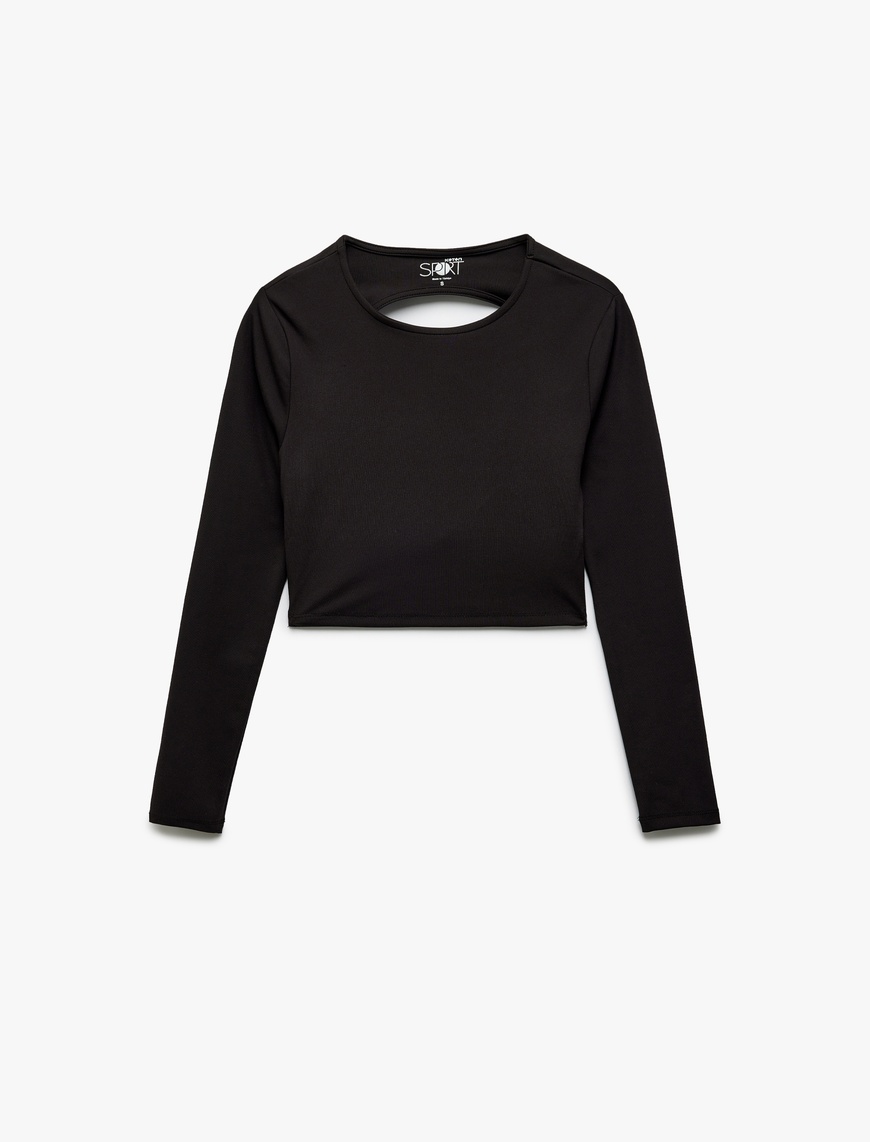 Siyah Kadın Sırtı Pencere Detaylı Uzun Kollu Slim Fit Crop Spor