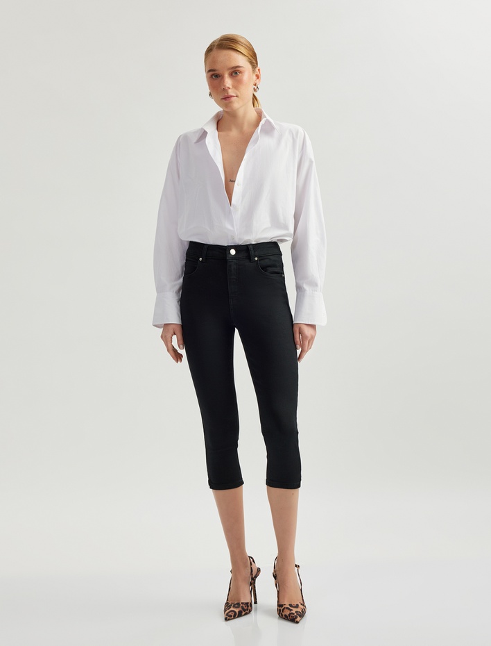  Yüksek Bel Pamuklu Kapri Denim Şort - Tight Fit