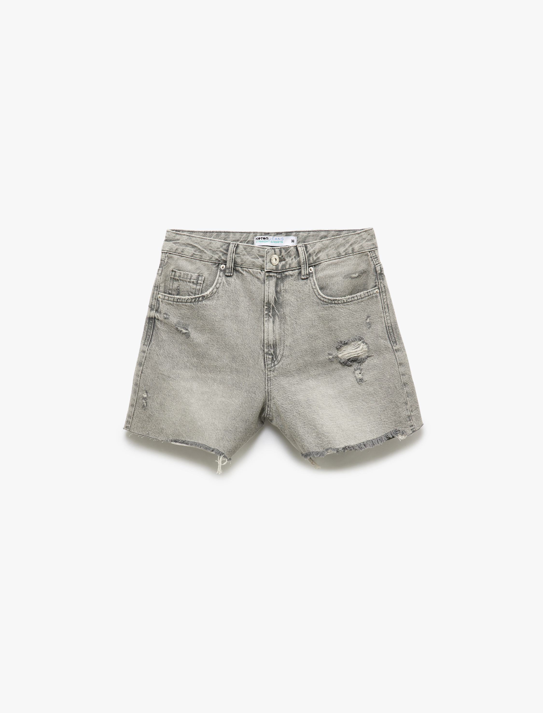   Yıpranmış Püsküllü Düğmeli Denim Şort