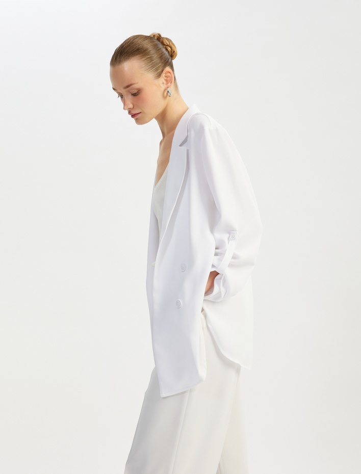 Katlama Detaylı Krep Kumaş 3/4 Kol Kruvaze Uzun Oversize Blazer Ceket