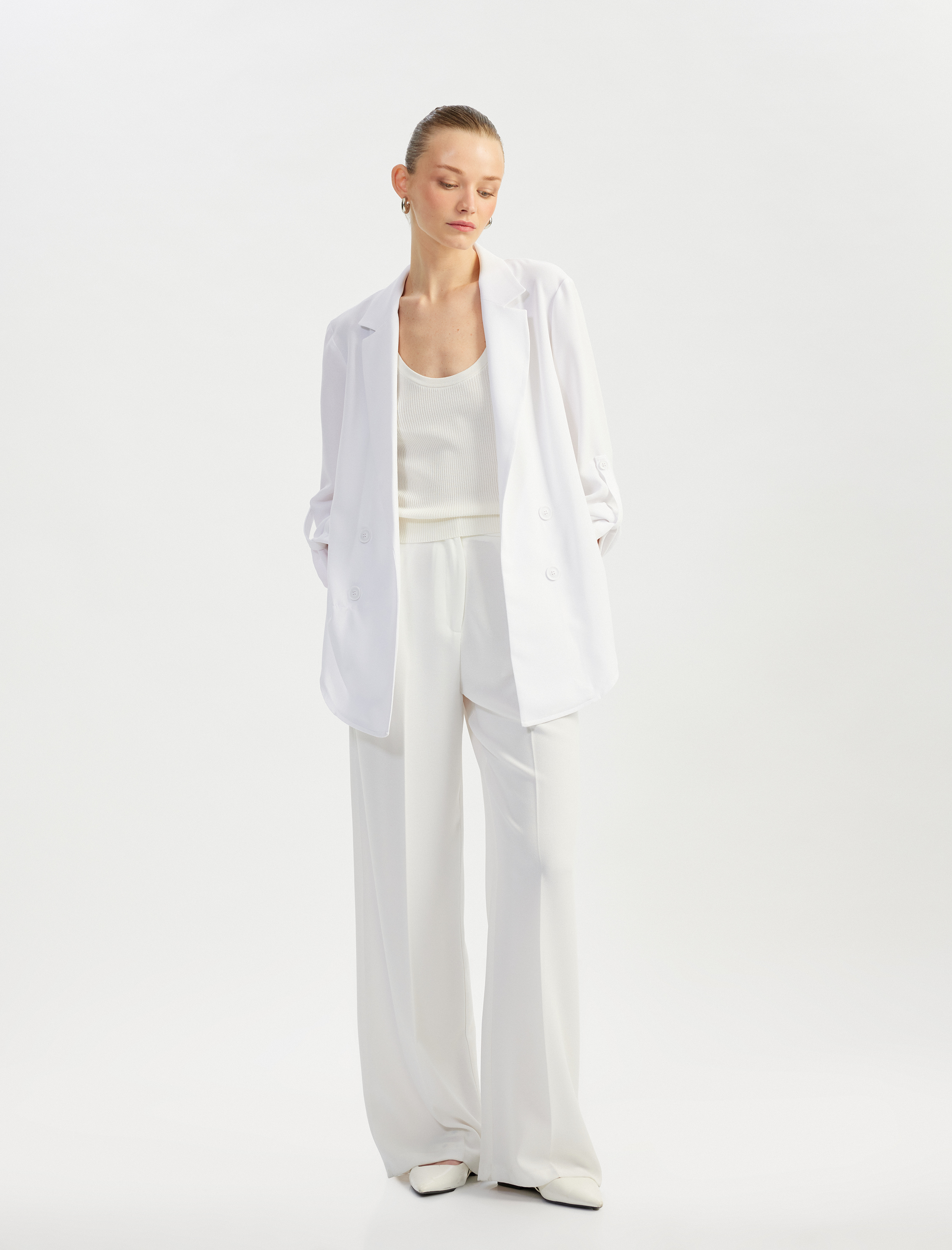   Katlama Detaylı Krep Kumaş 3/4 Kol Kruvaze Uzun Oversize Blazer Ceket