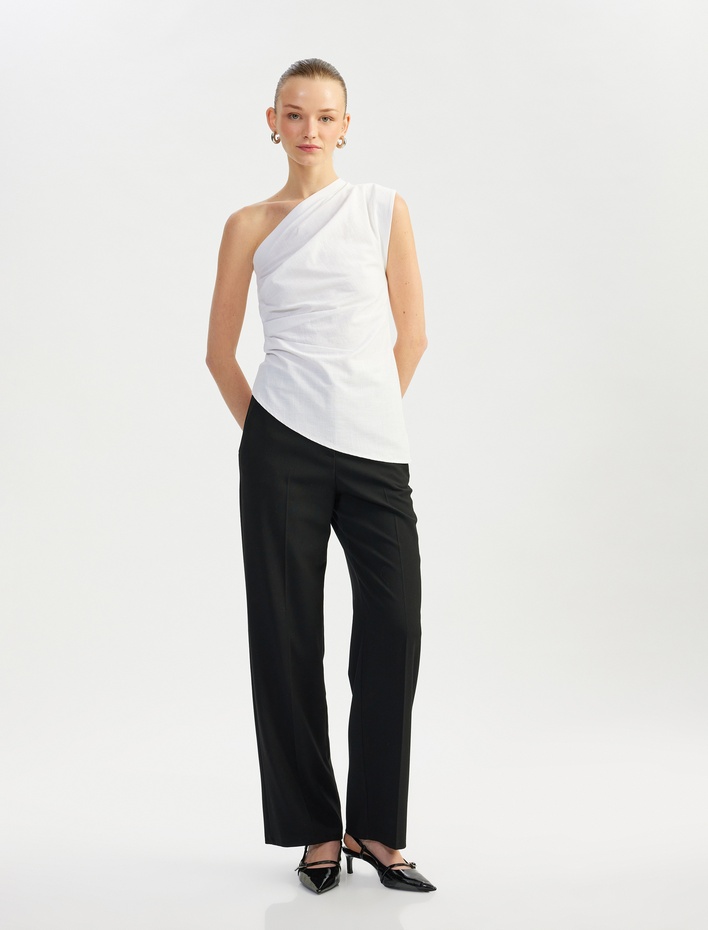  Pamuklu Drape Detaylı Asimetrik Tek Omuz Bluz