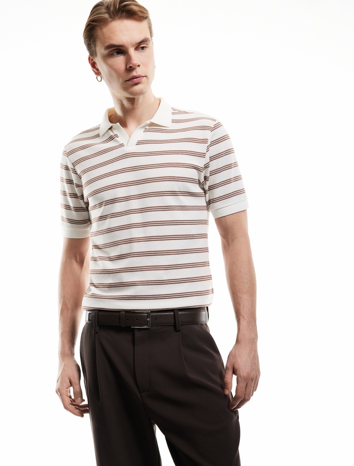  Kısa Kollu Pamuk Karışımlı Regular Fit Çizgili Polo Yaka Tişört