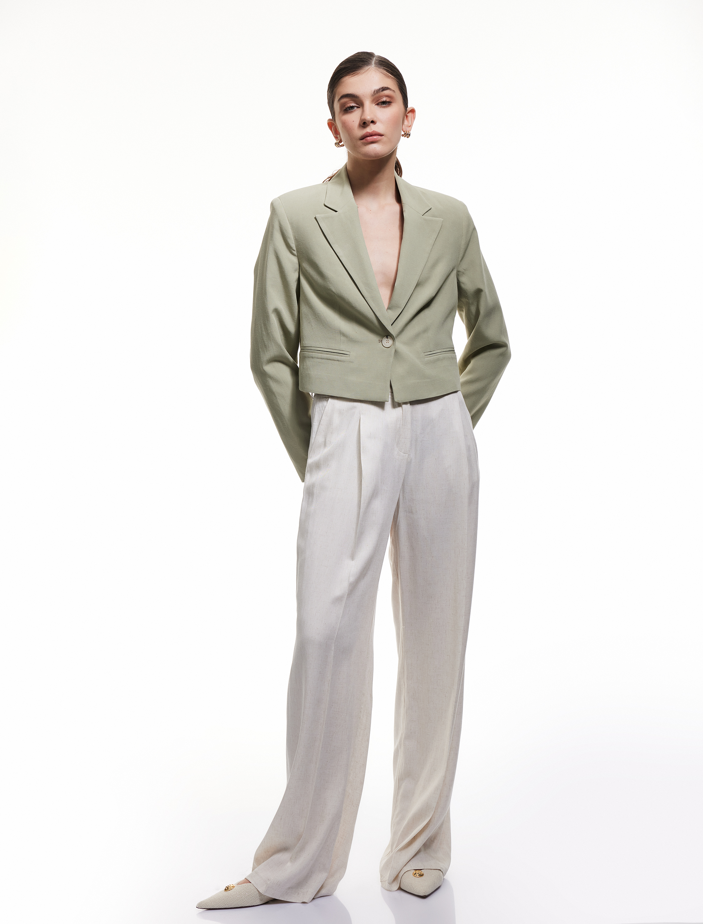   Viskon-Keten Karışımlı Klasik Kruvaze Crop Blazer Ceket