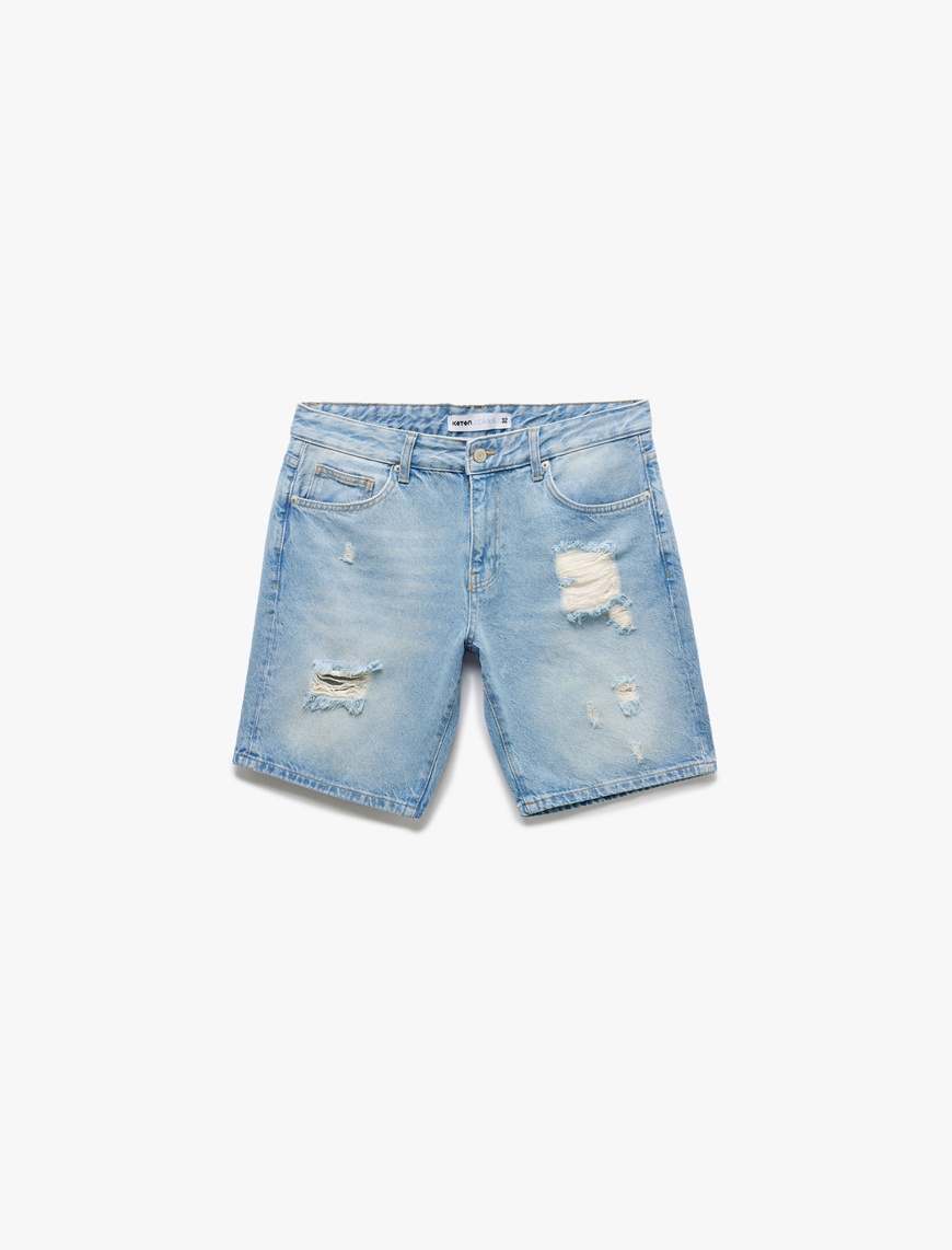 Lacivert Erkek Pamuklu Yırtık Detaylı Bermuda Slim Fit Jean Şort