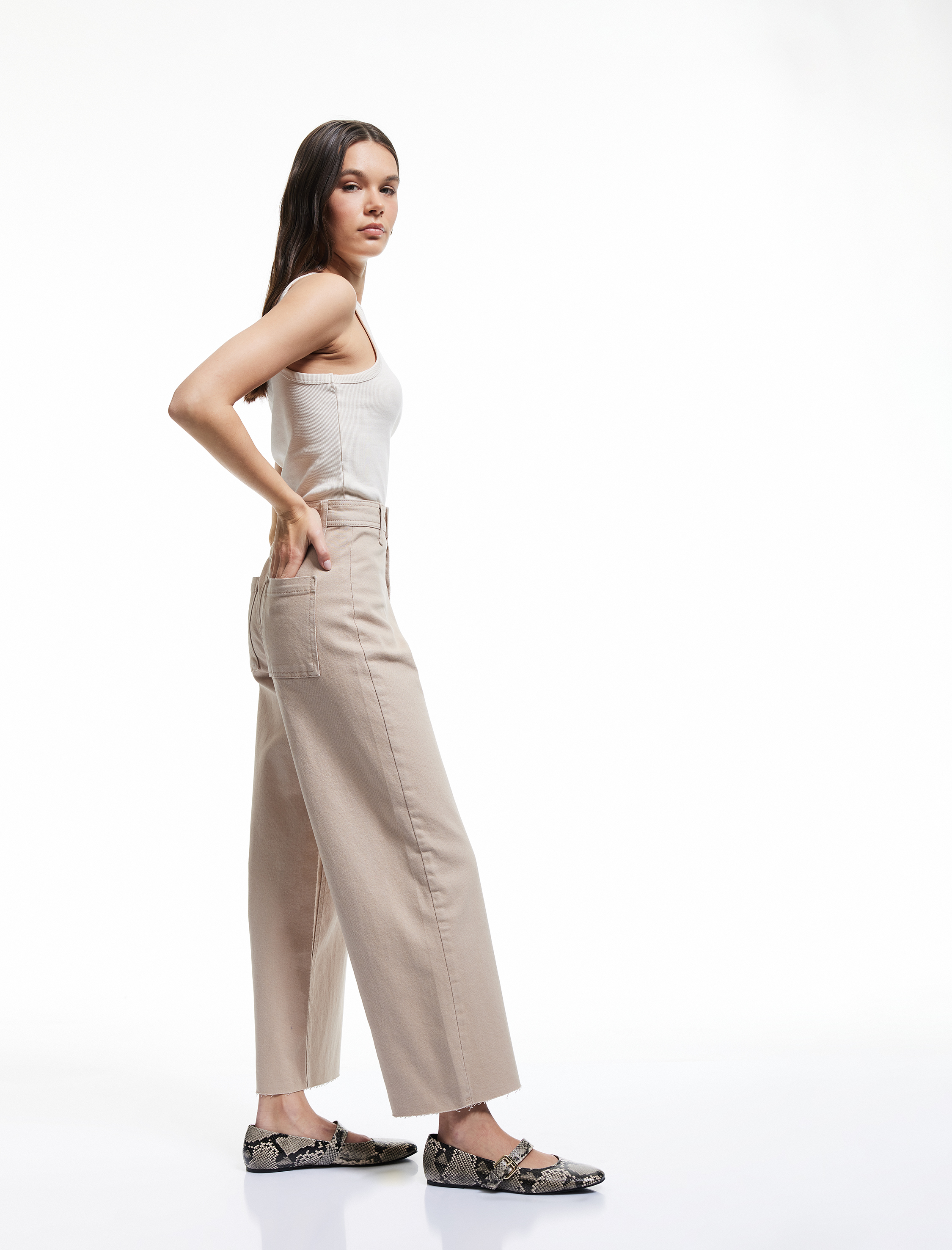   Pamuklu Geniş Kalıp Cepli Düğmeli Crop Geniş Paça Denim Pantolon - Culotte Jean