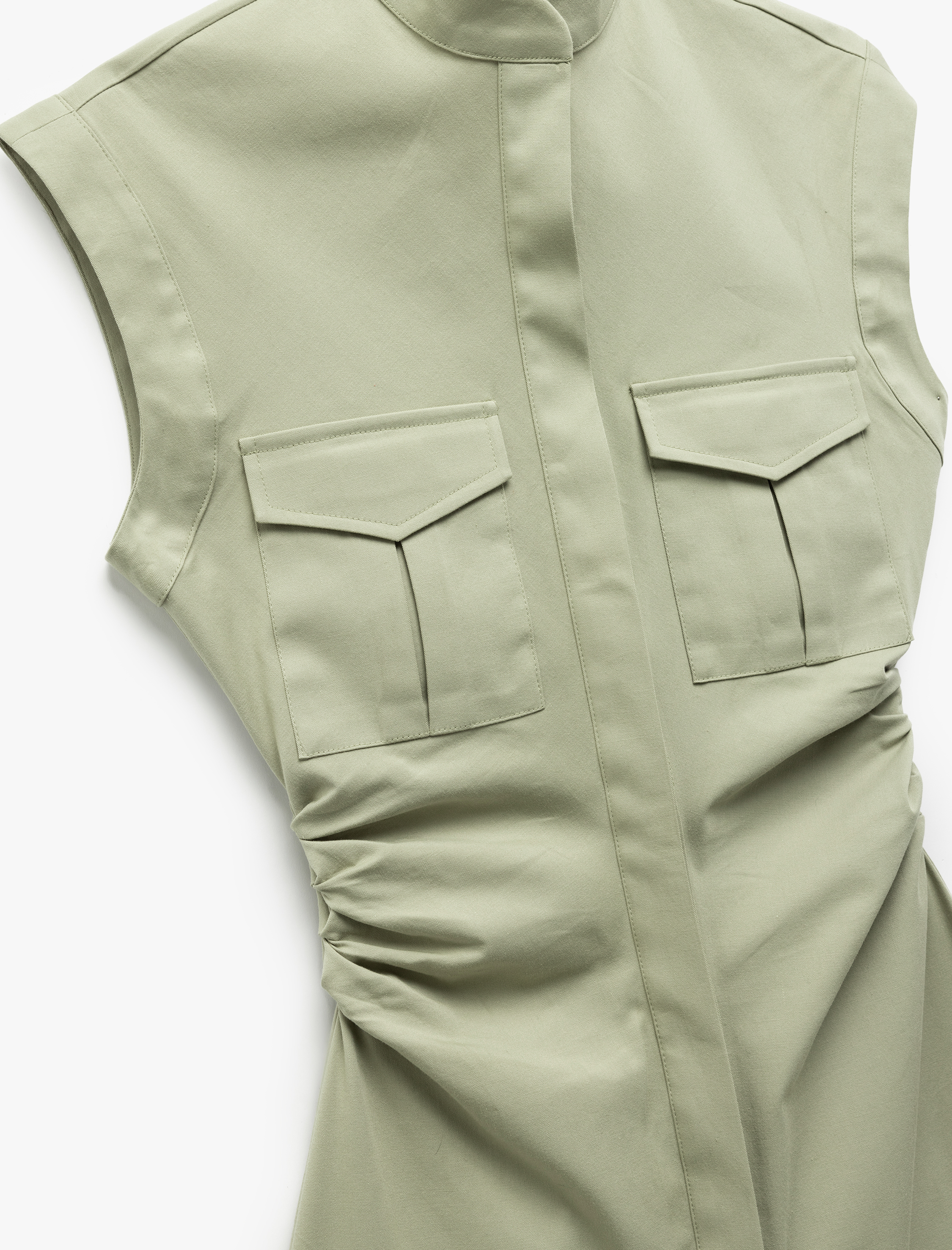   Pamuklu Drape Detaylı Cepli Kolsuz A Kesim Mini Gömlek Elbise