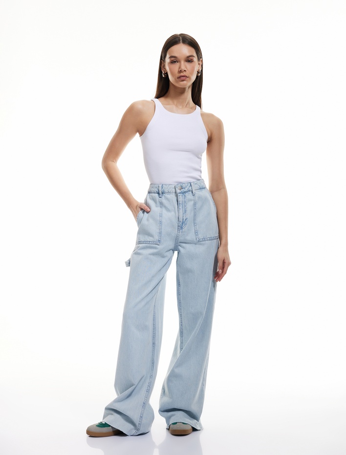  Kesik Paça Pamuklu Regular Fit Denim Pantolon - Wide Leg Jeans