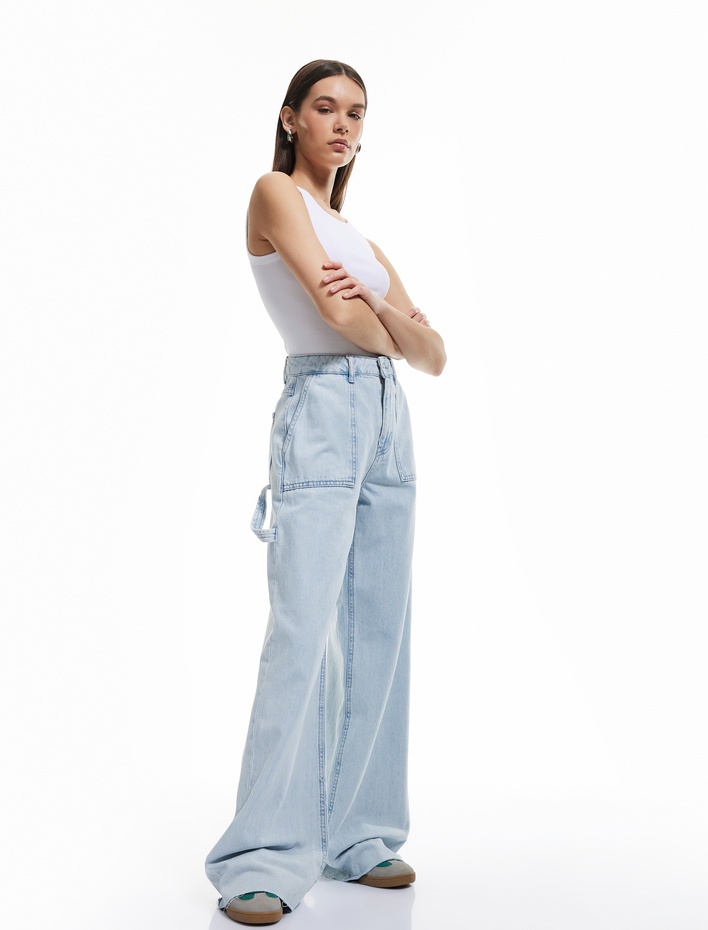  Kesik Paça Pamuklu Regular Fit Denim Pantolon - Wide Leg Jeans