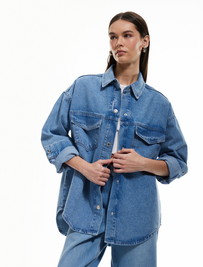  Taş Detaylı Uzun Kollu Relax Fit Pamuklu Denim Ceket