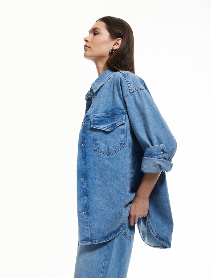  Taş Detaylı Uzun Kollu Relax Fit Pamuklu Denim Ceket