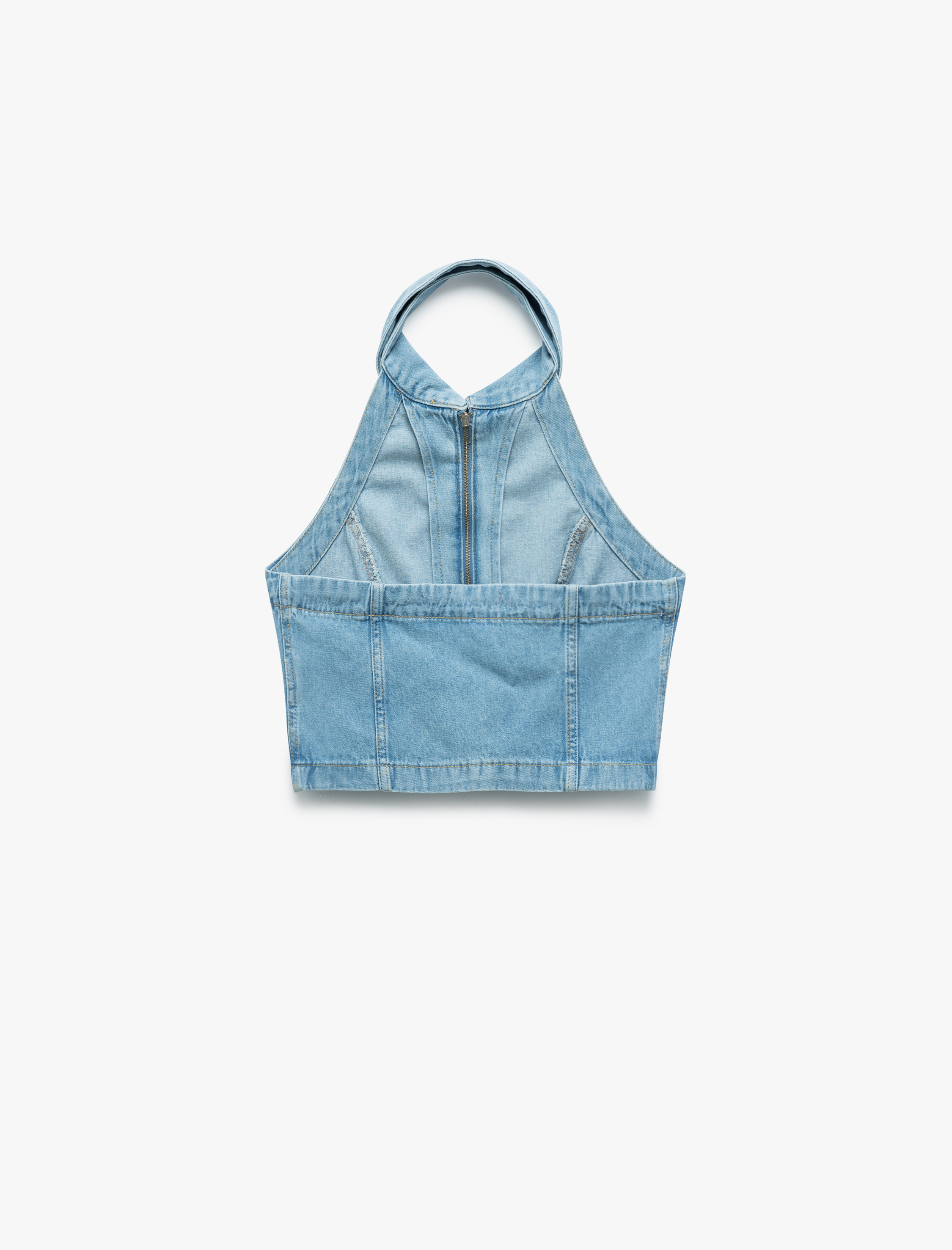   Pamuklu Slim Fit Fermuarlı Denim Kolsuz Crop Üst