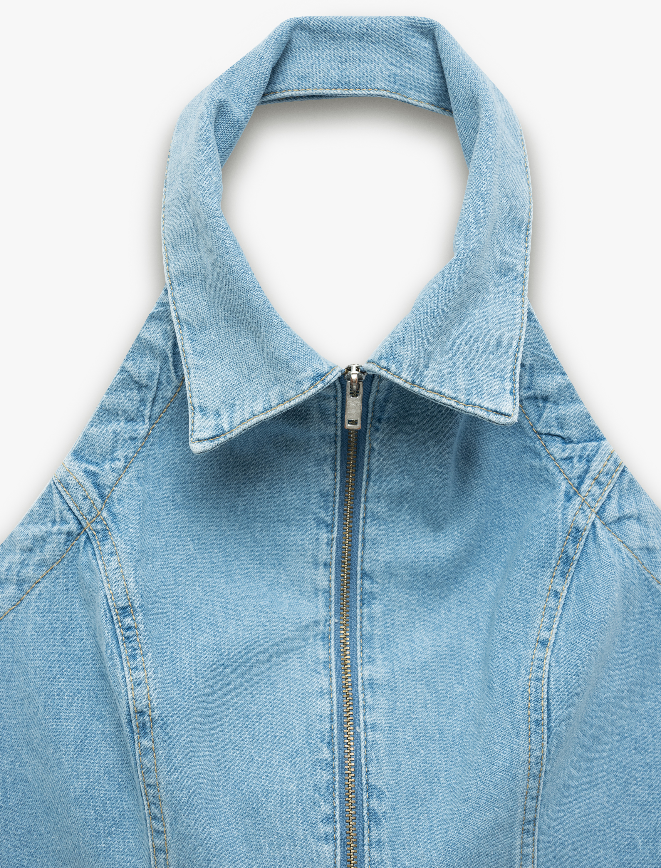   Pamuklu Slim Fit Fermuarlı Denim Kolsuz Crop Üst