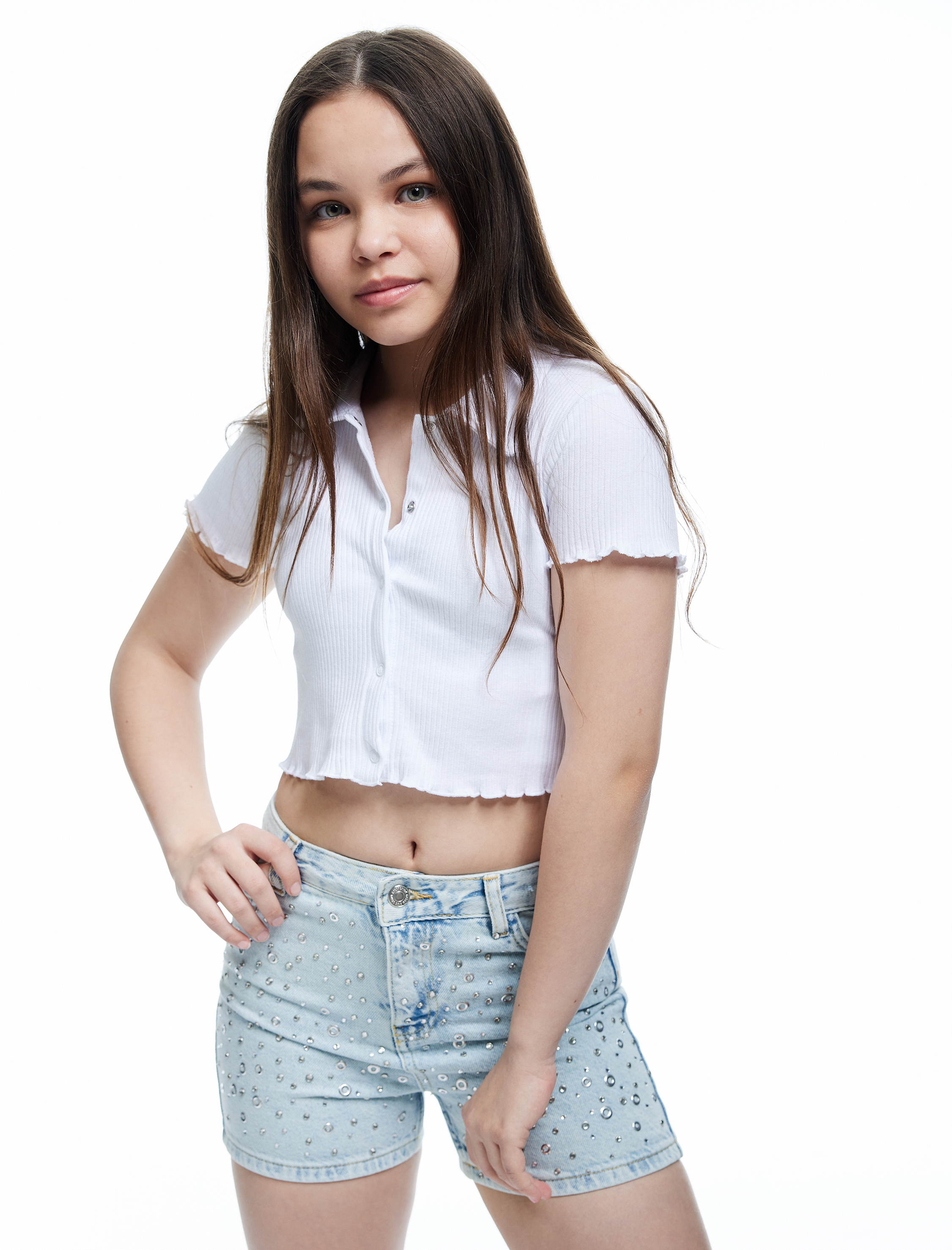  Kız Çocuk Zımba Detaylı Cepli Pamuklu Denim Şort