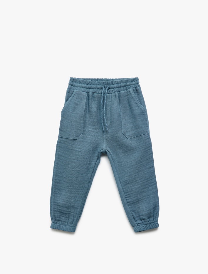 Erkek Bebek Pamuklu Beli Bağcıklı Cepli Basic Müslin Jogger Pantolon