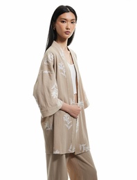 Pamuklu Geniş Kollu Nakışlı Çiçekli Uzun Kimono