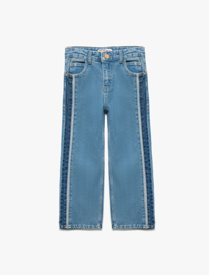 Kız Çocuk Pamuklu Renk Bloklu Geniş Paça Denim Pantolon
