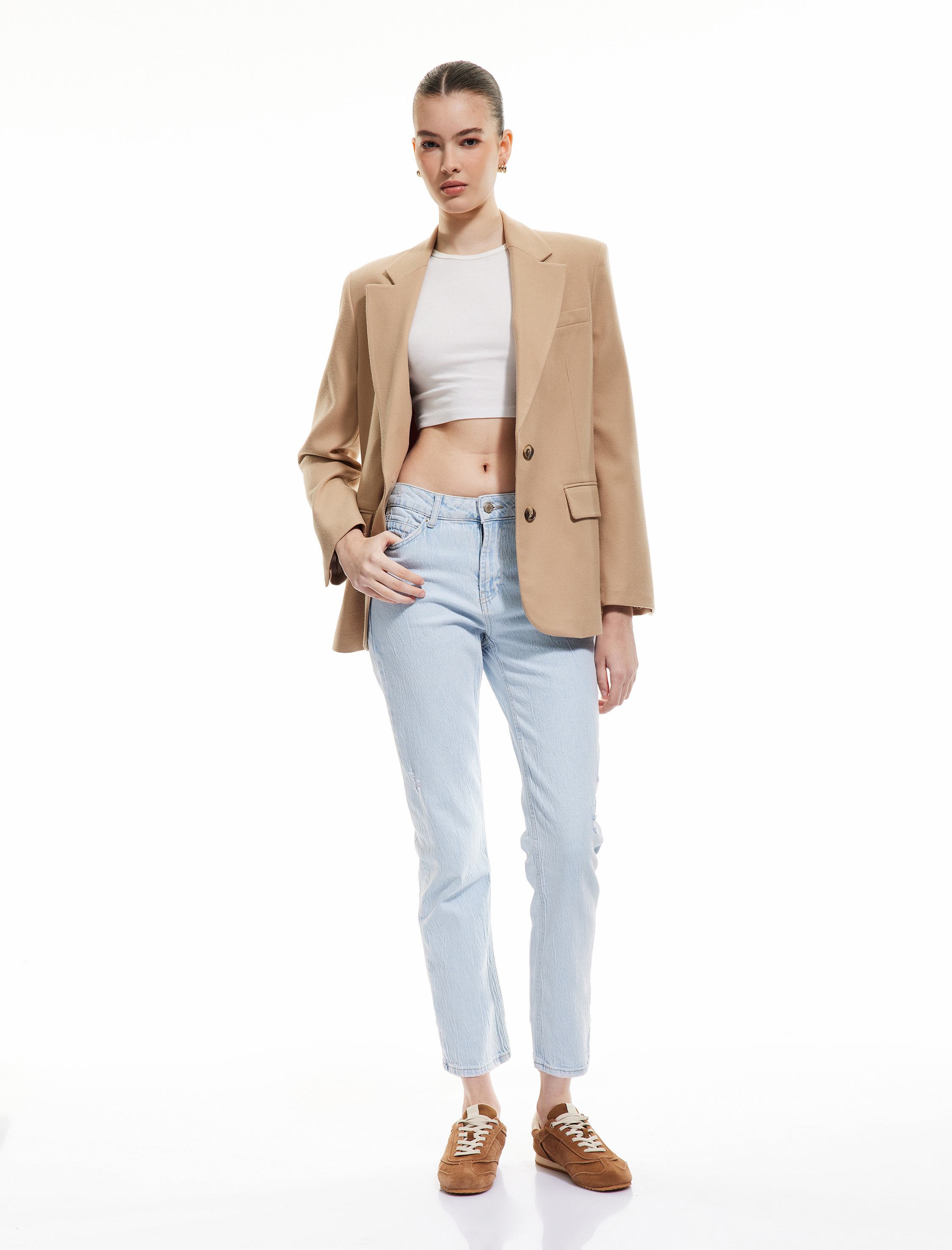   Yıpratma Detaylı Yüksek Bel Pamuklu Straight Fit Denim Pantolon - Straight Jeans