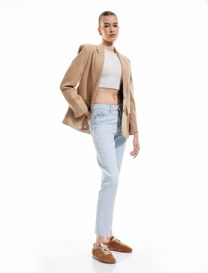  Yıpratma Detaylı Yüksek Bel Pamuklu Straight Fit Denim Pantolon - Straight Jeans