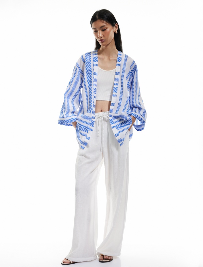  Pamuklu 3/4 Geniş Kollu Nakış İşlemeli Desenli Uzun Kimono