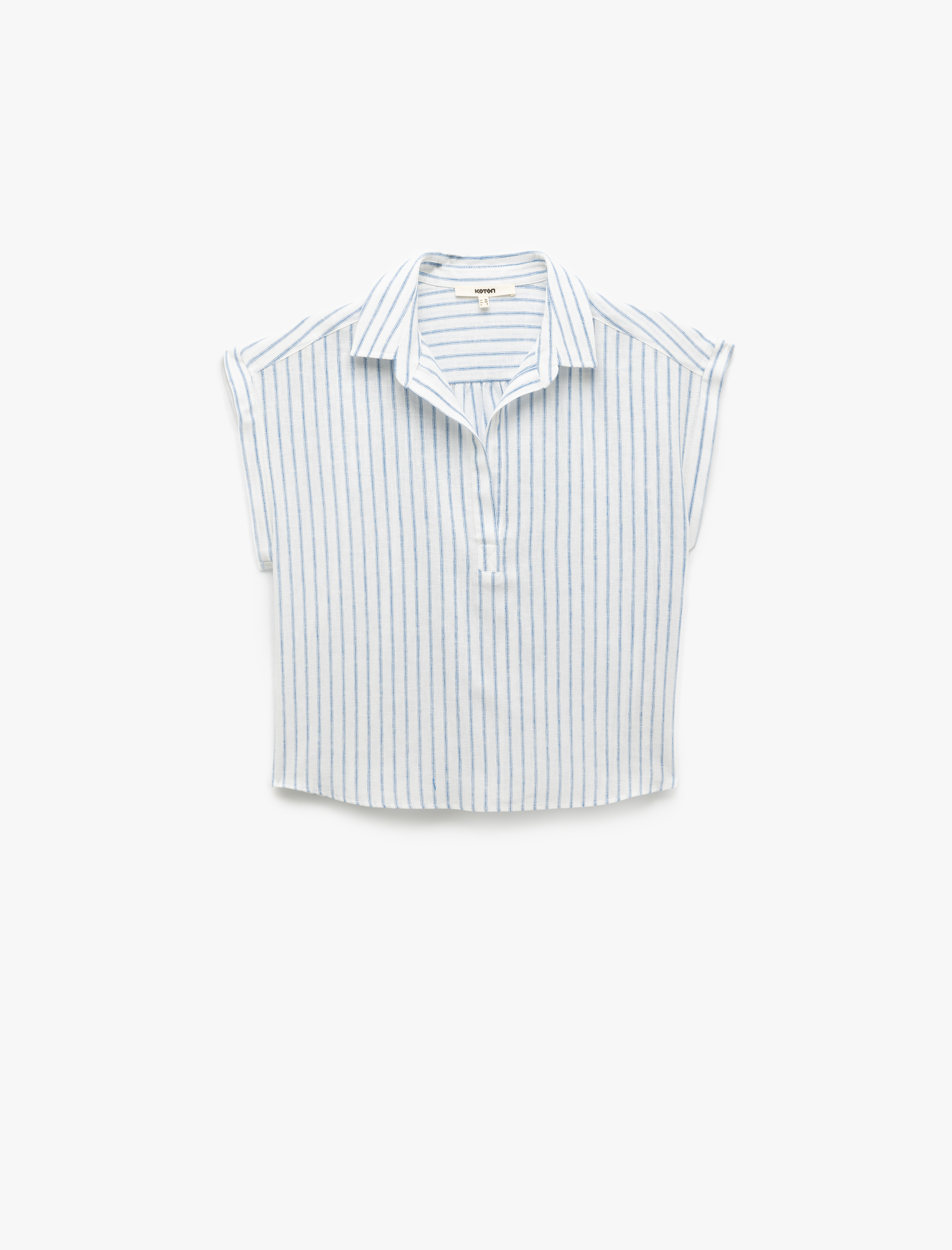   Viskon Keten Karışımlı Gömlek Yaka Kolsuz Crop Bluz