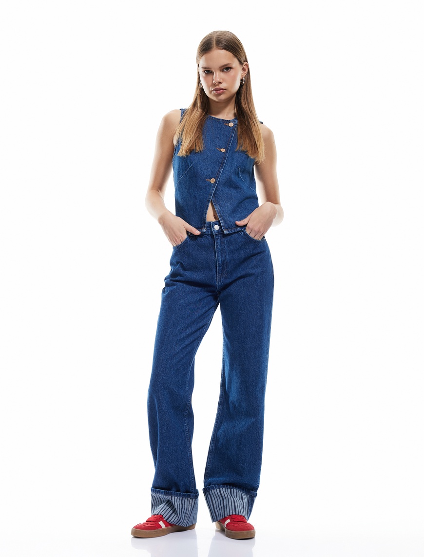Lacivert Kadın Pamuklu Kolsuz Düğmeli Kruvaze Yaka Denim Yelek