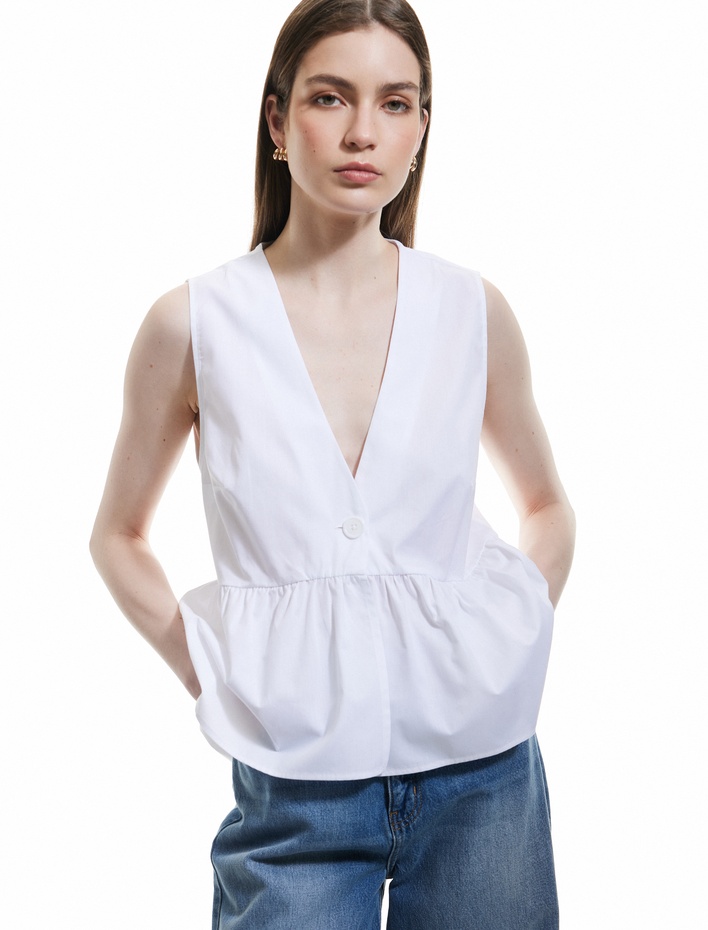 Pamuklu Düğmeli Kolsuz V Yaka Peplum Bluz
