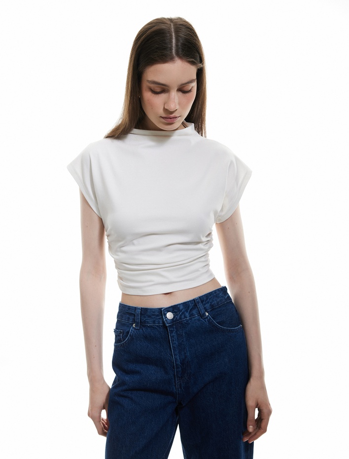  Pamuklu Sandy Kumaş Drapeli Slim Fit Dik Yaka Kolsuz Tişört