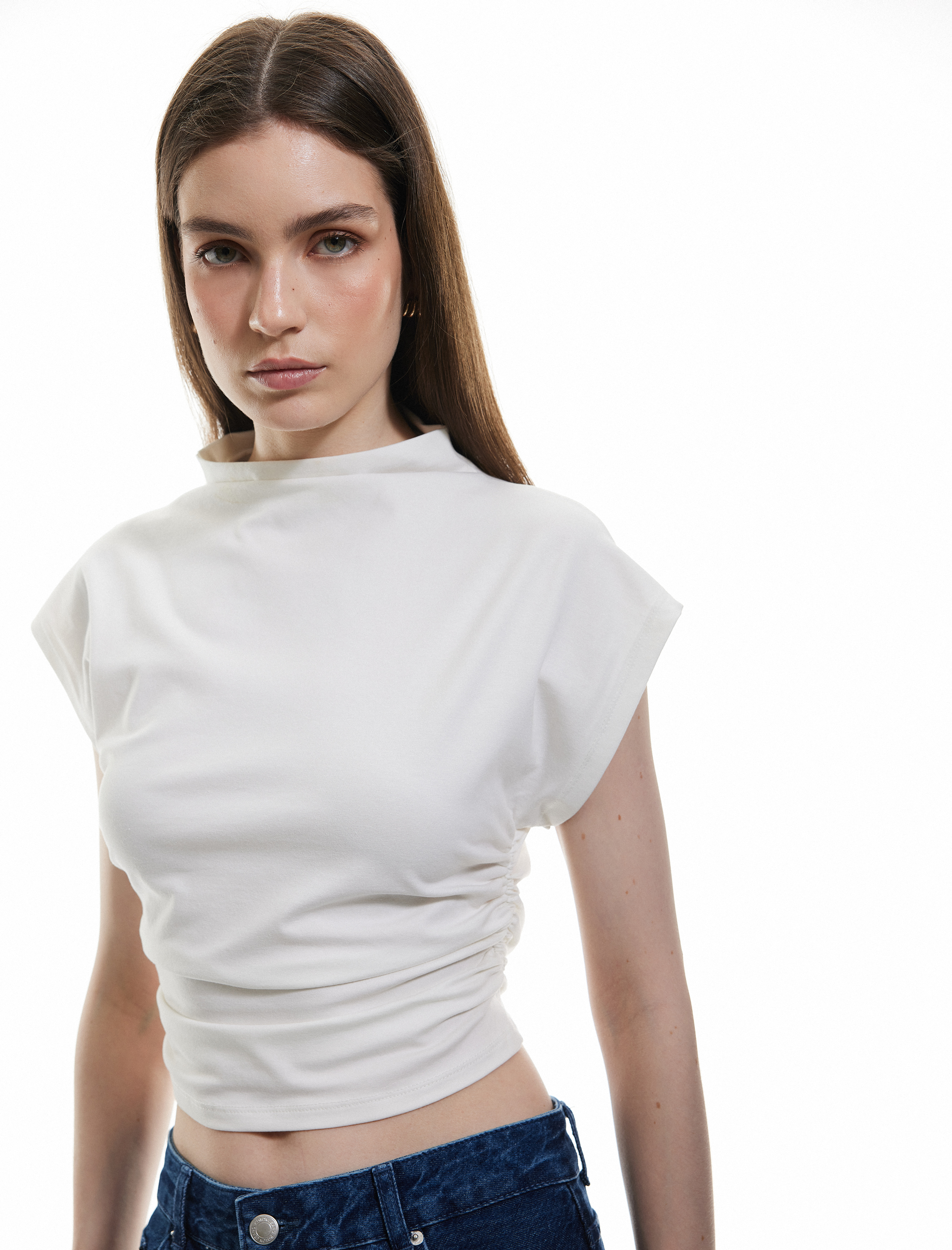   Pamuklu Sandy Kumaş Drapeli Slim Fit Dik Yaka Kolsuz Tişört